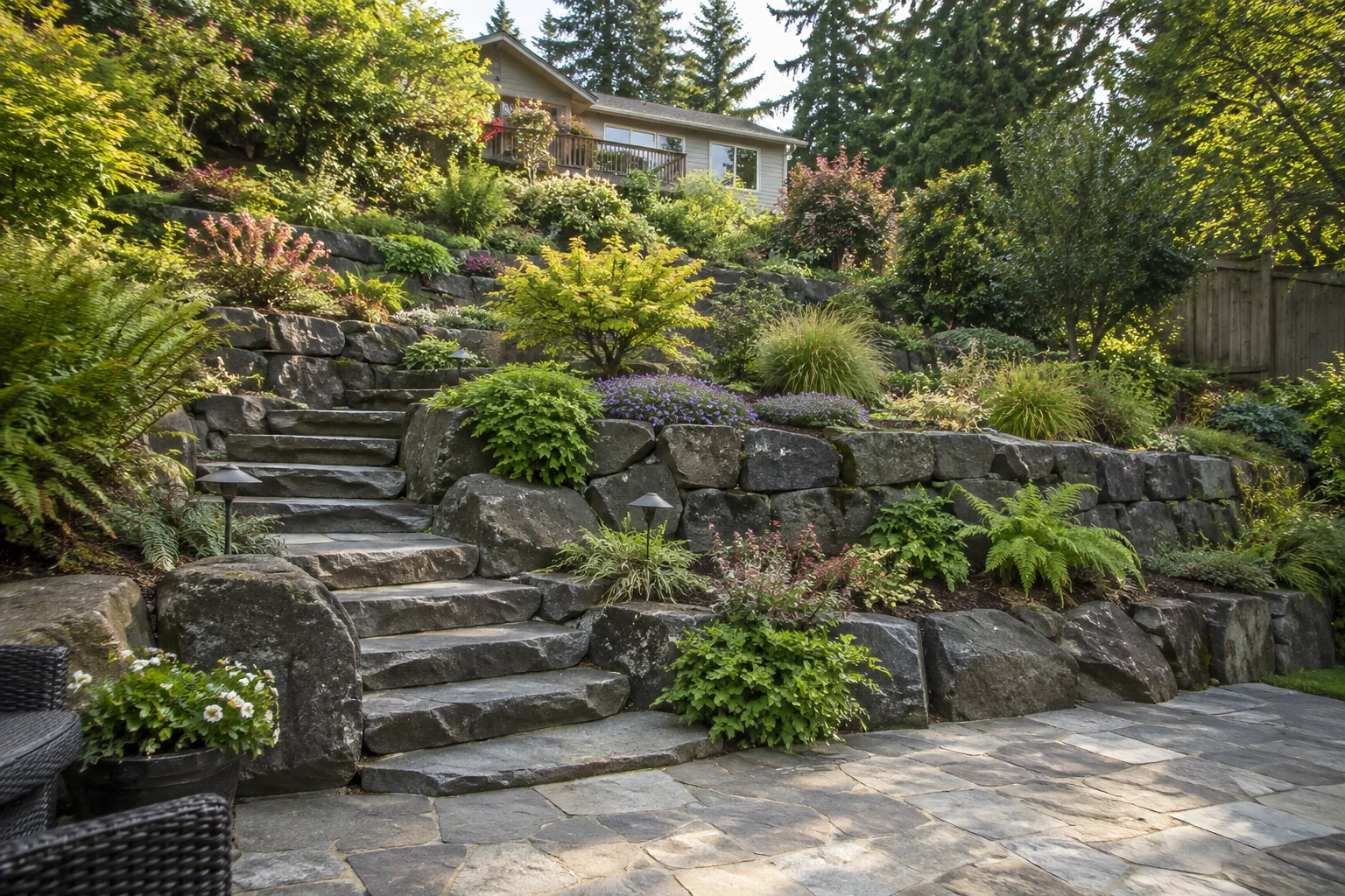 Steep residential garden transformed with stone retaining terraces and landscaped steps
