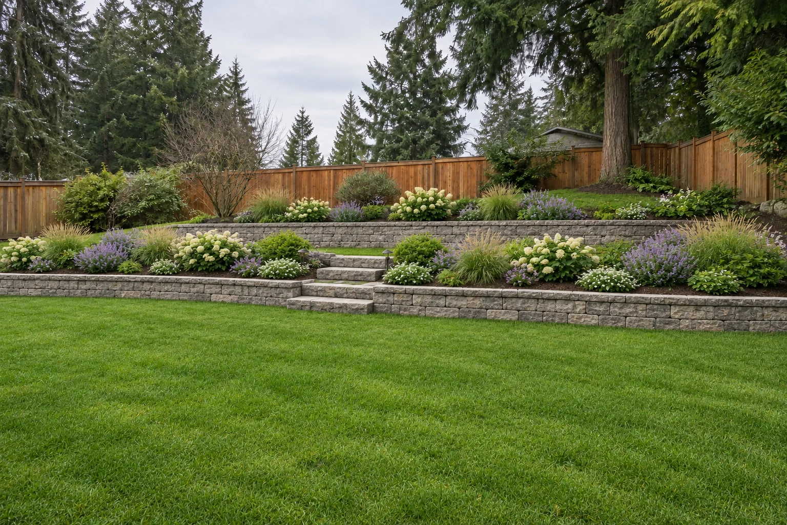 After concept: the same hillside with retaining walls, flower beds, and a level lawn